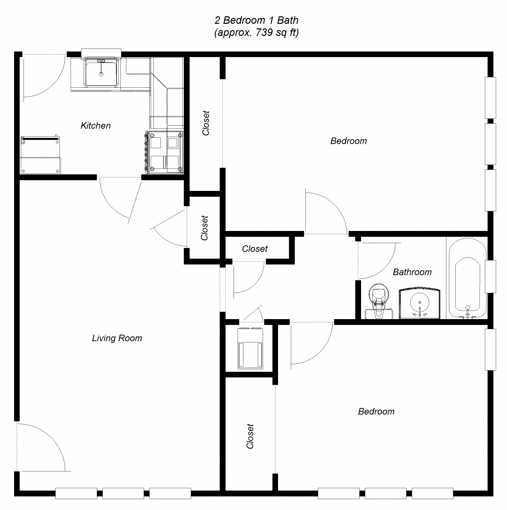 Floor plan for 2 beds, 1 bath, 739 sqft